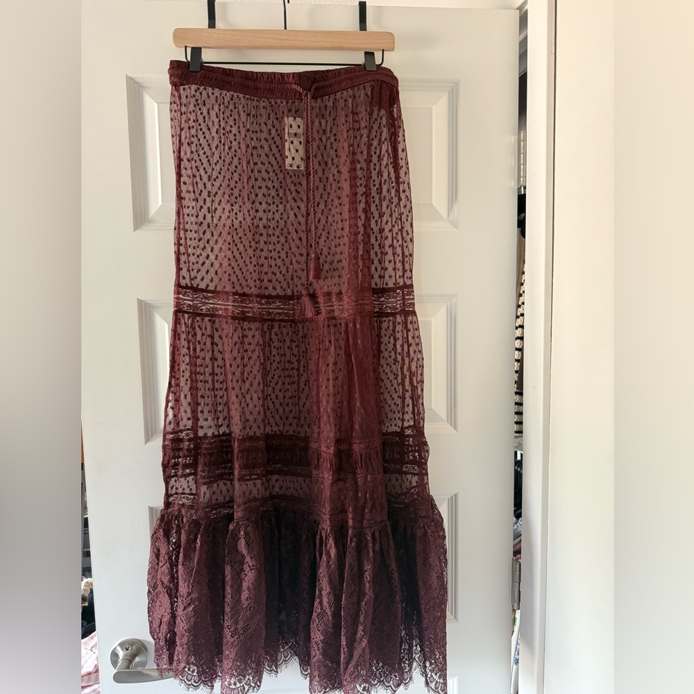 Maroon Sheer Lace Maxi Skirt